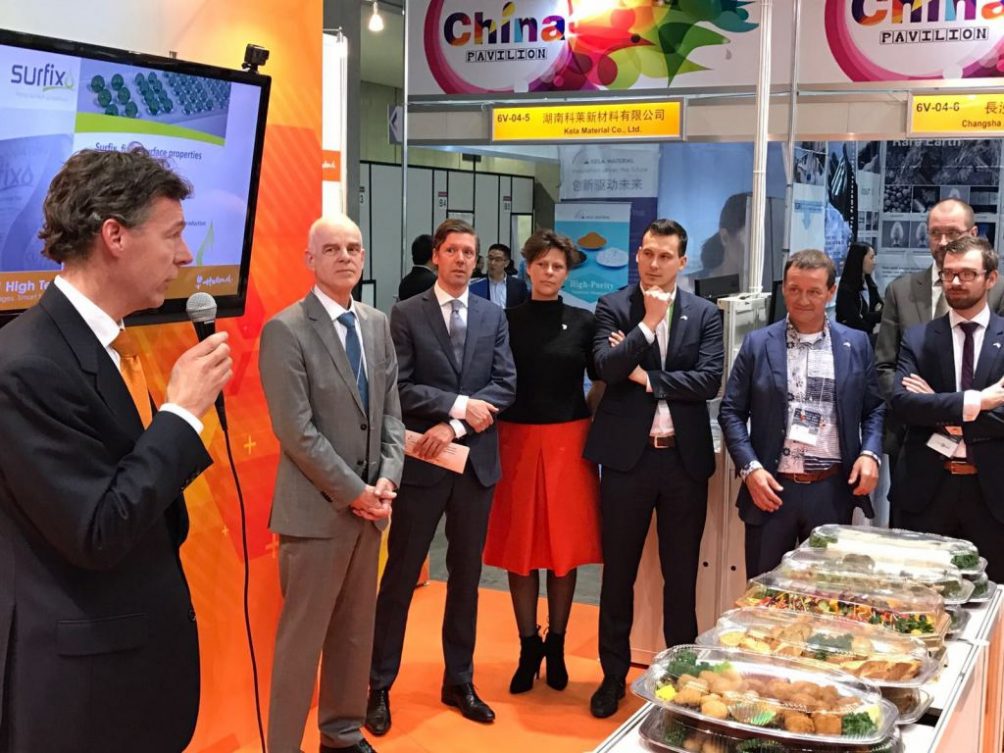 Van links naar rechts ambassadeur Aart Jacobi, directeur Jasper Wesseling van EZ, innovatieraad Jan-Hein Chrisstoffels, Carina Weijma van de gemeente Eindhoven en enkele andere leden van de Nederlandse nanotech-delegatie