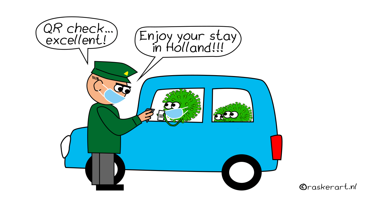 RASKERART_IO_covid_borders_15_01_22 Cartoon van Albert Jan Rasker van het coronavirus dat de grens passeert.