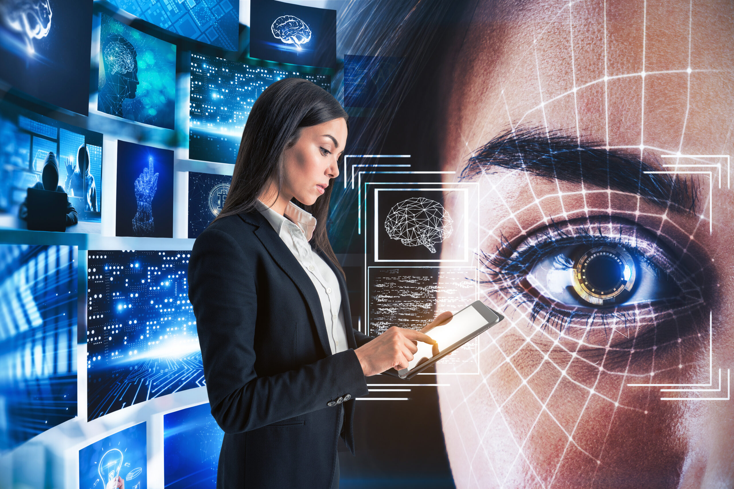Access and data concept Attractive european businesswoman using tablet with abstract eye face recognition system on blue background. Access and data concept. Multiexposure