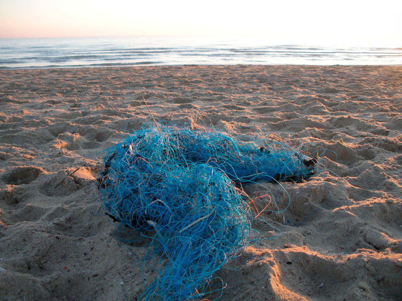Dolly-Ropes-Blue-Beach Dolly ropes, part of a fishing net, washed up onto a beach
