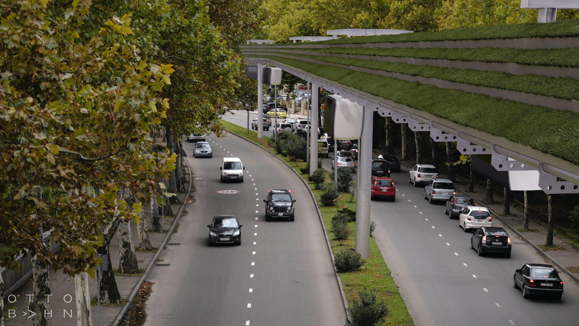 01 City Integration - tracks - green Above ground rail system with solar panels above highway